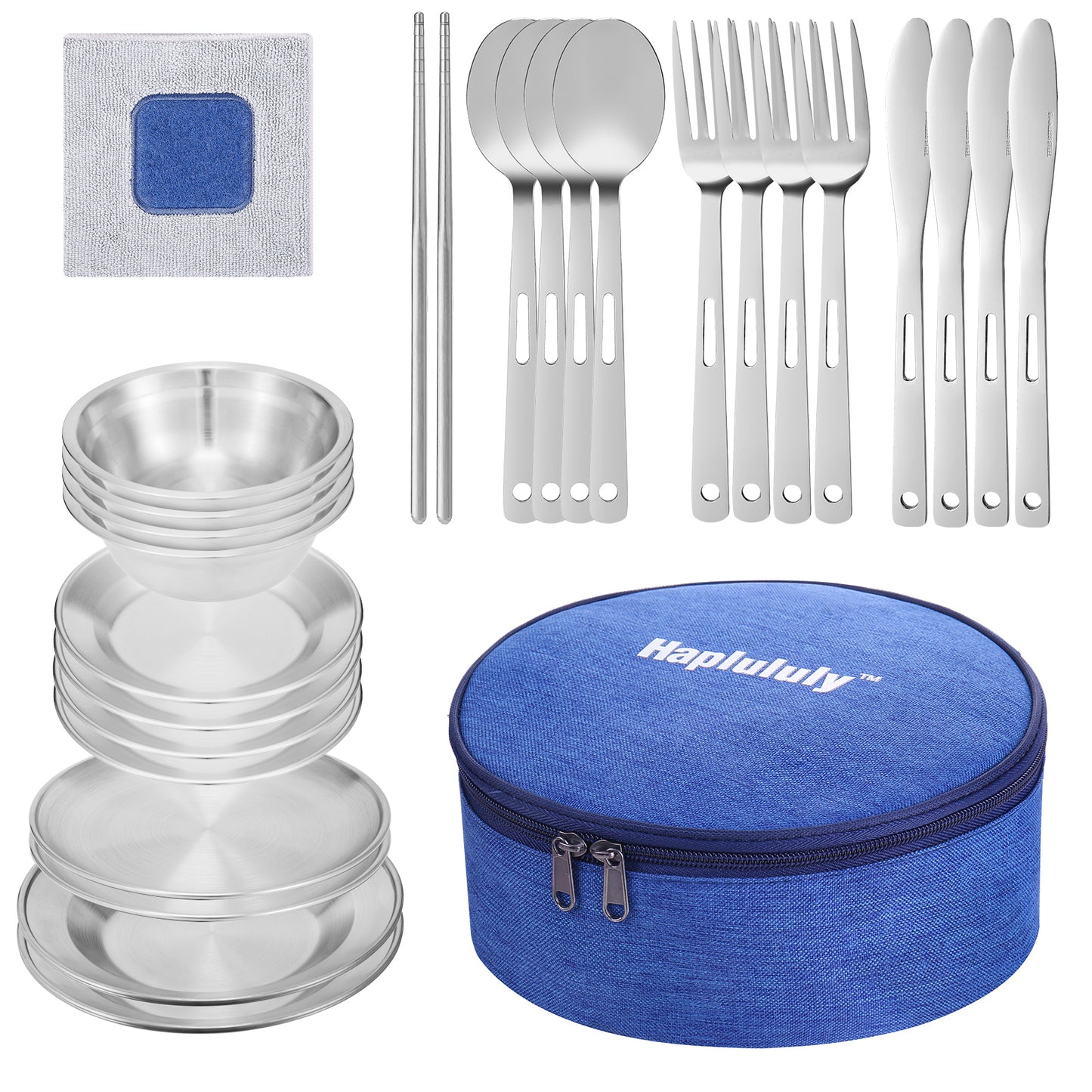 Camping Mess Kit, 28 Pcs Camping Accressories, Stainless Steel Camping Dishes Set Dinnerware for 4 Person Utensils Tableware with Plates, Bowl, Cutlery, Gloves, Rag,for Hiking Gear Picnic
