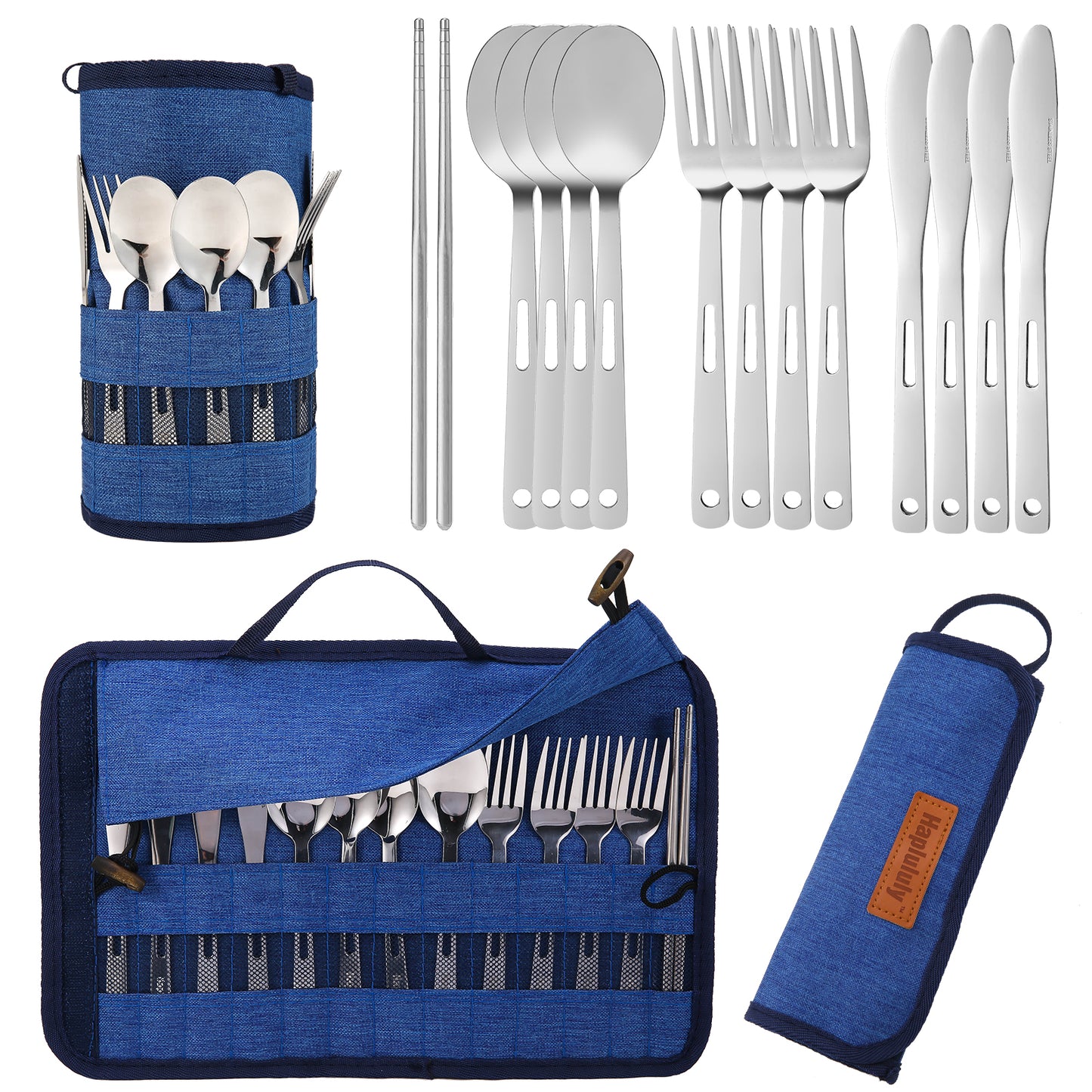 Stainless Steel 13 Piece Family Cutlery Picnic Utensil Set with Travel Case for Camping | Hiking | BBQs – Includes Forks | Spoons | Knifes | Chopstick, Plus Nylon Commuter Case